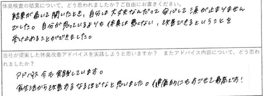 自分が思っているよりも体臭は悪くない、改善できるということを受け止めることができました。